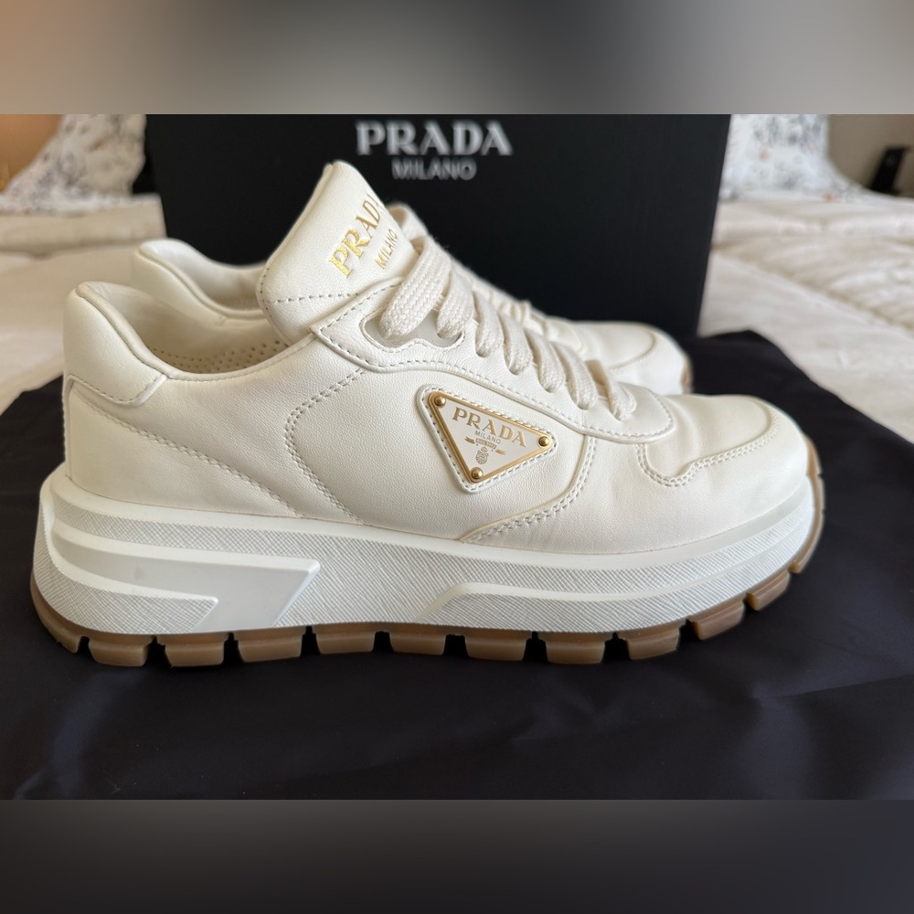 Prada leather Cream Sneakers with Brown Sole - Picture 10 of 15